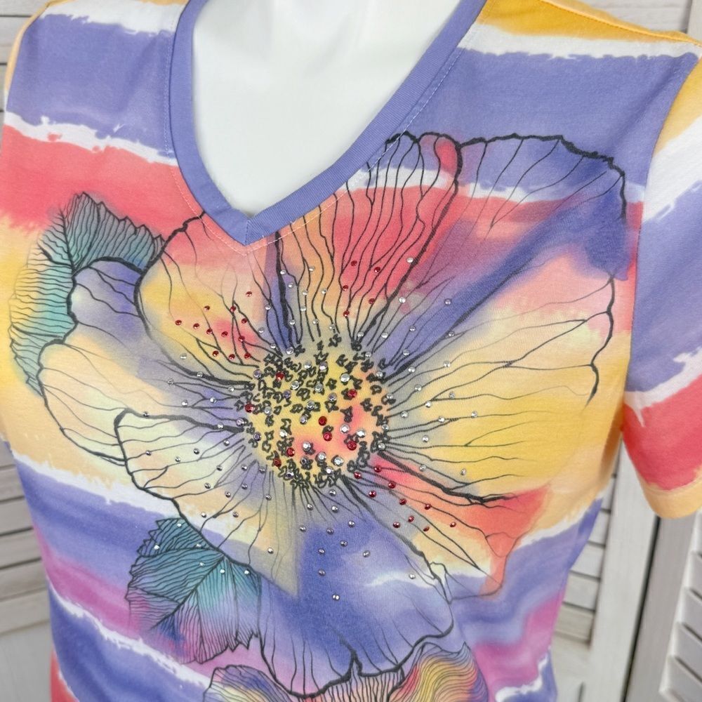 White Stag Ombre Striped Floral Studded Tee Shirt Purple Pink Yellow XXL - Picture 5 of 11